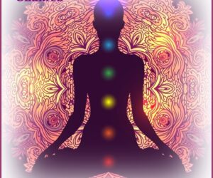 Woman ornate silhouette sitting in lotus pose. Meditation, aura and chakras. Vector illustration.